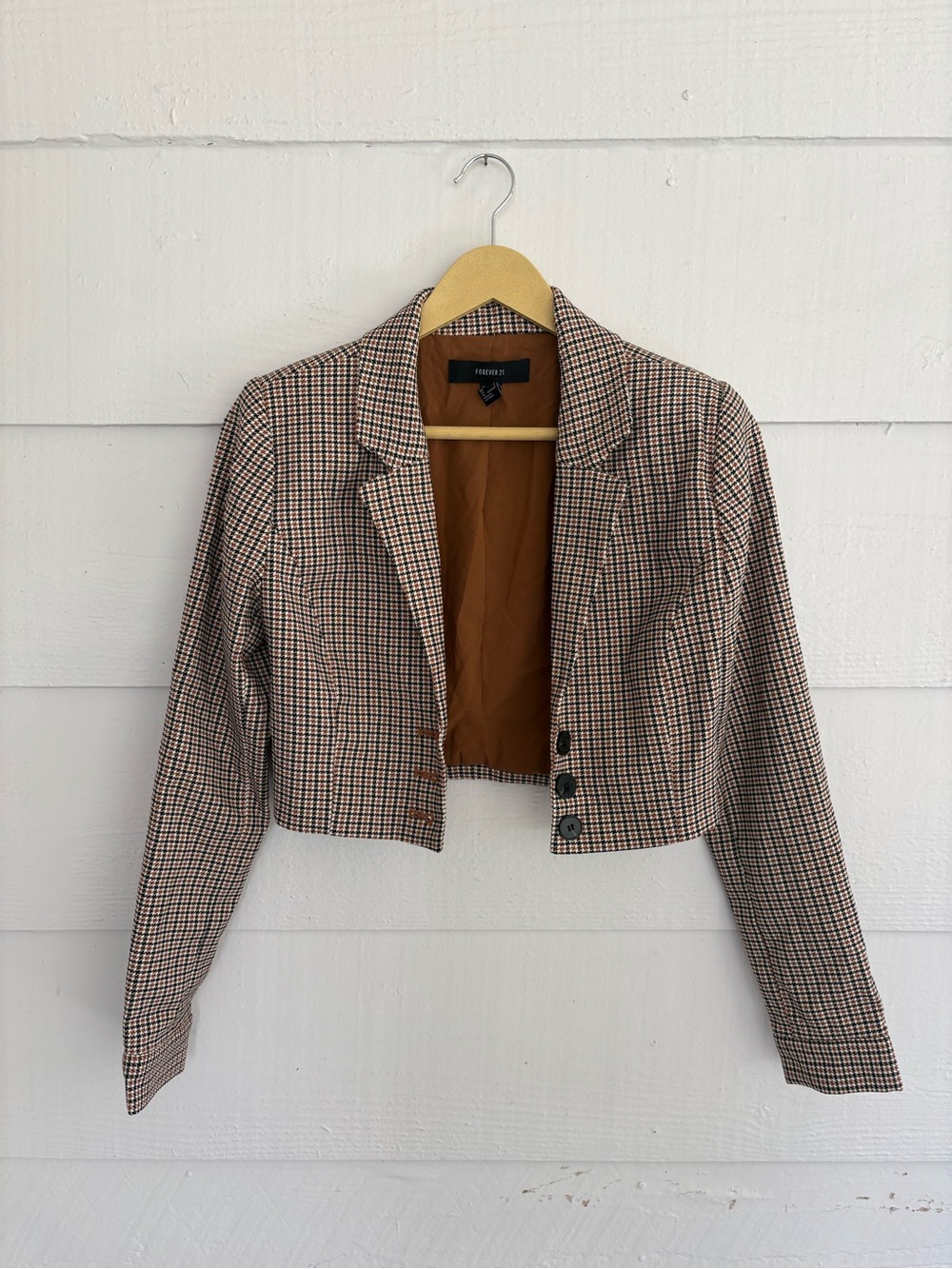 Forever 21 Cropped Houndstooth Blazer Women’s Small Brown Black Plaid Jacket